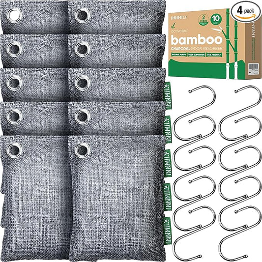 Activated Charcoal Odor Absorber, Large 10 Pack w Hooks Nature Odor Remover for Strong Odor, Bamboo Charcoal Air Purifying Bags, Odor Eliminator for Home Car Closet Pet, Smoke Deodorizer