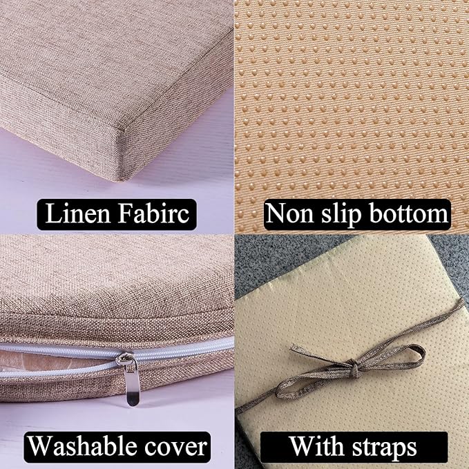 48 x 12 Inch Piano Bench Cushions for Indoor Furniture with Ties Non Slip Kitchen Dining Room Bench seat Cushion for Shoe Storage Ottoman Window Settee pad, Khaki
