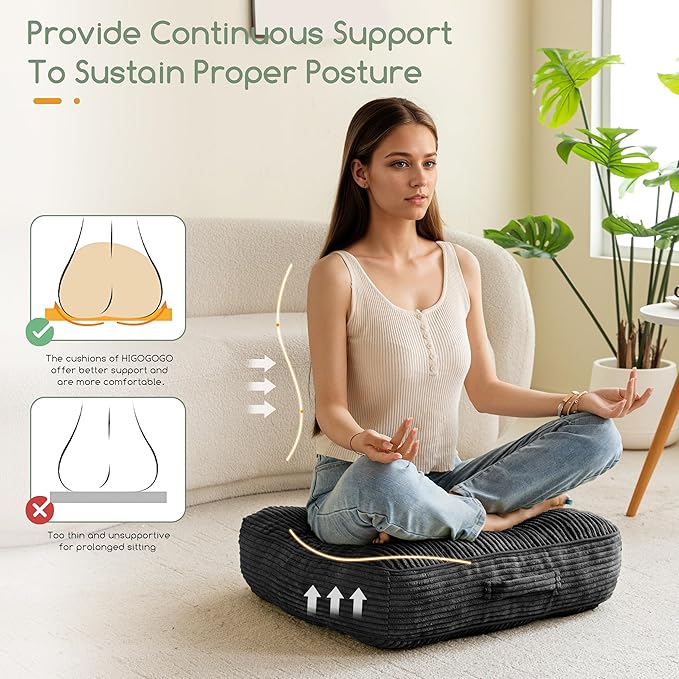 6" Washable Floor Pillow Cushion for Adults, Meditation Cushion Pillow, Large Square Floor Sitting, Removable Tufted Corduroy Cover, for Tatami Living Room or Yoga, 22x22 Inch, 2Pack, Machine Washable