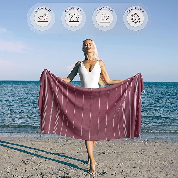 Turkish Beach Towel Lightweight & Striped Extra Large (39" x 71") - Quick Dry, Versatile and Functional as Bath, Yoga Mat, Gym Towel, Travel Blanket, Picnic Blanket - Burgundy