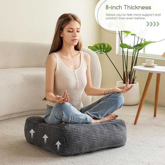 8" Washable Floor Pillow Cushion for Adults, Meditation Cushion Pillow, Large Square Floor Sitting, Removable Tufted Corduroy Cover, for Tatami Living Room or Yoga, 22x22 Inch, 2Pack, Machine Washable