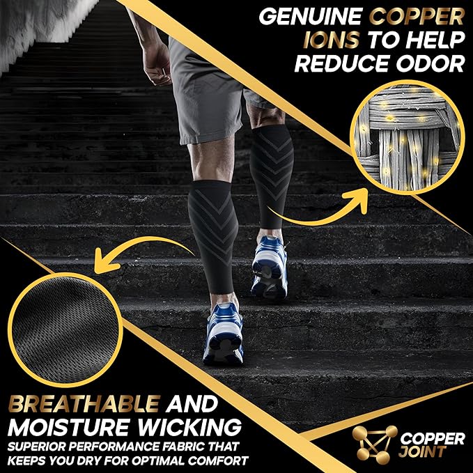 Calf Compression Sleeve for Men & Women –Leg Compression Sleeve for Shin Splint Relief, Leg Cramps, Varicose Vein Compression Leg Sleeve, Calf Sleeves for Runners -Copper Infused Nylon 20-30mmHg Large