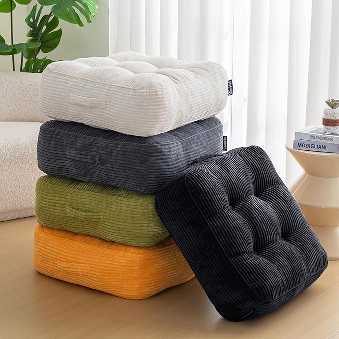 8" Washable Floor Pillow Cushion for Adults, Meditation Cushion Pillow, Large Square Floor Sitting, Removable Tufted Corduroy Cover, for Tatami Living Room or Yoga, 22x22 Inch, Machine Washable