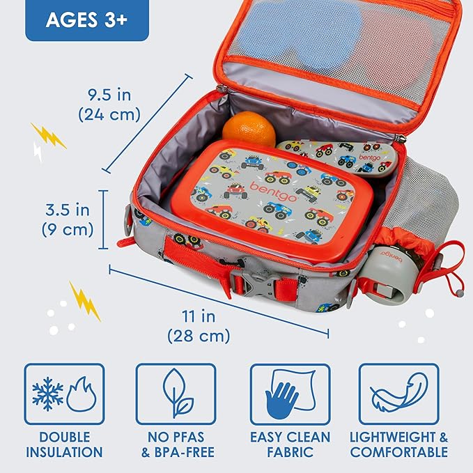 Bentgo Kids Lunch Bag - Double-Insulated, Reusable Lunch Bag for Kids 3+ with Adjustable Strap; Holds Lunch Box/Water Bottle/Snacks; Easy-Clean, Water-Resistant & Pockets (Trucks)
