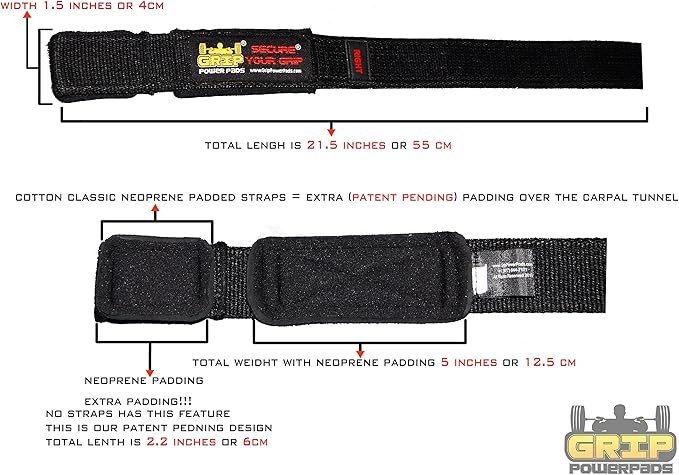 Heavy Duty Lifting Straps Neoprene Padded 1 Pair Wrist Wraps & Rubbery Grip Support Straps with Cotton Coated Rubber on One Side