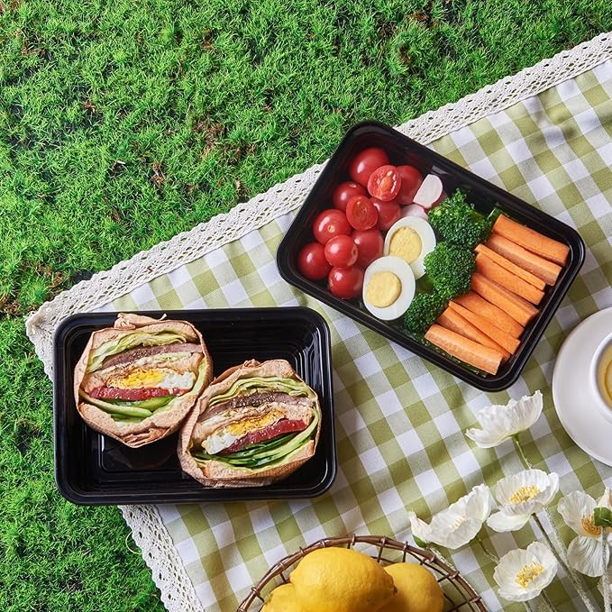 50 Pack Meal Prep Plastic Food Storage Containers With Lids 28 oz 1 Compartment Black Rectangular To Go Lunch Prepping Boxes BPA-Free Microwavable Freezer Safe Stackable (Formerly FULING)