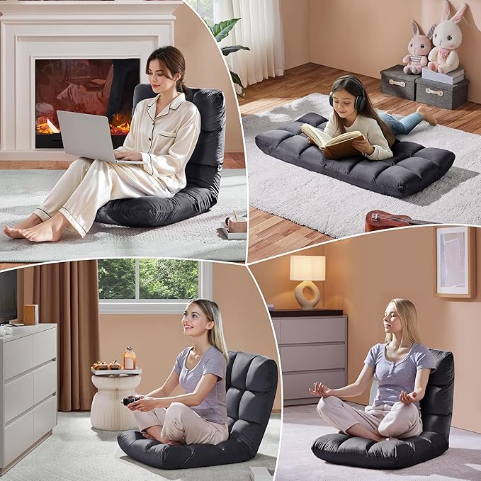 Yaheetech Padded Floor Chair with Back Support, Lounge Chairs Armless Meditation Cushion with Memory Foam, Adults Video Gaming Sofa Chair with Adjustable Backrest Floor Seating, Gray, 2pcs