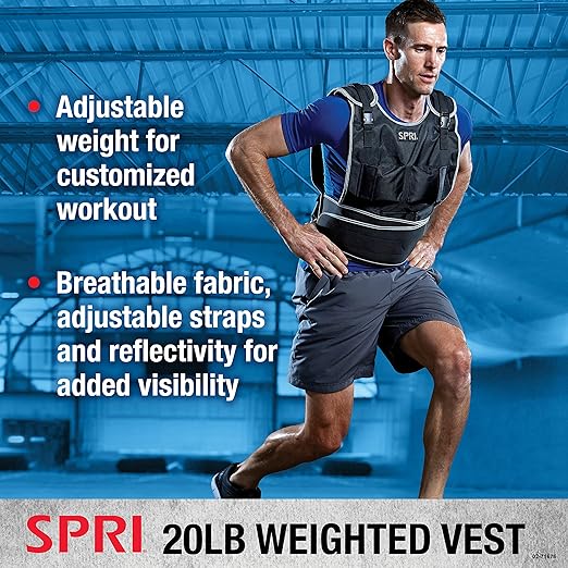 SPRI 20 lb Weighted Vest for Women & Men - Adjustable Weight Vest for Running, Strength Training, Endurance, and Fitness - Ten 2lb Weight Bags for Customized Workout - Comfort Fit and Durable Closure