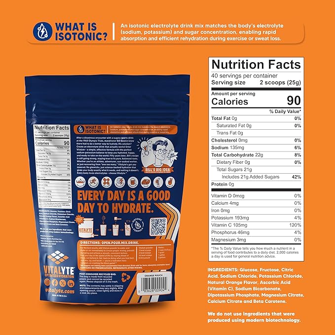 Vitalyte Electrolyte Powder Drink Mix, Isotonic Electrolyte Hydration Mix, Gluten Free Post Workout Powder Mix, Pack of 1, 35 oz., Orange Flavor