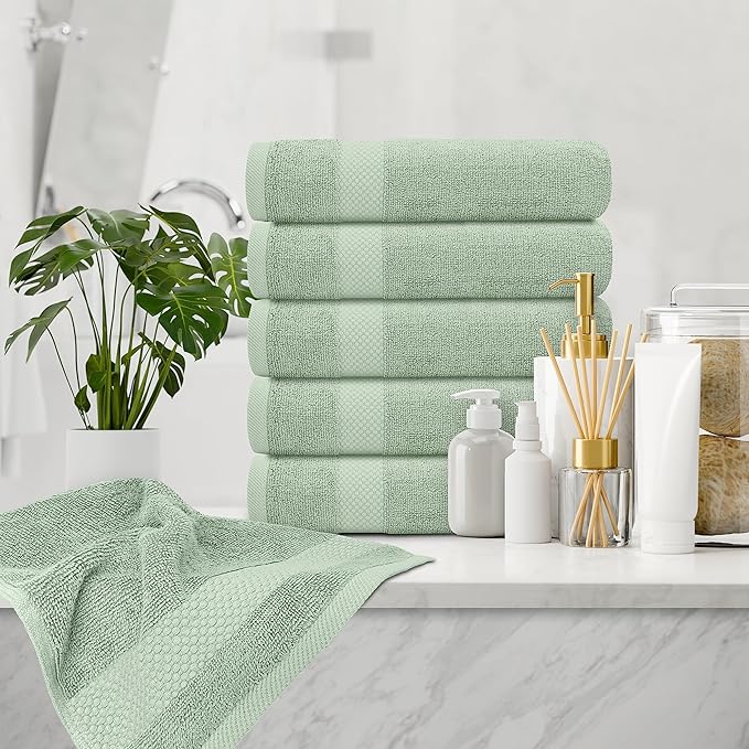 White Classic Luxury Hand Towels for Bathroom-Hotel-Spa-Kitchen-Set - Circlet Egyptian Cotton - 16x30 Inches - Set of 6 (Lt-Green)