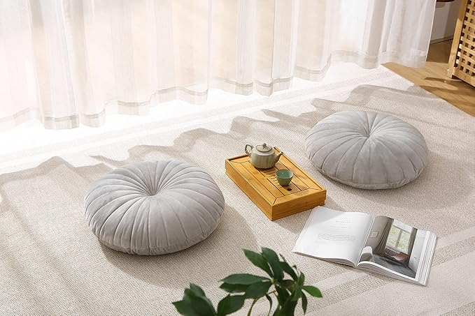 Floor Pillow Meditation Cushion Round Large Floor Pillows Seating for Adults, Velvet Thick Floor Cushions for Yoga Living Room Balcony Outdoor Tatami 18inch(Grey)