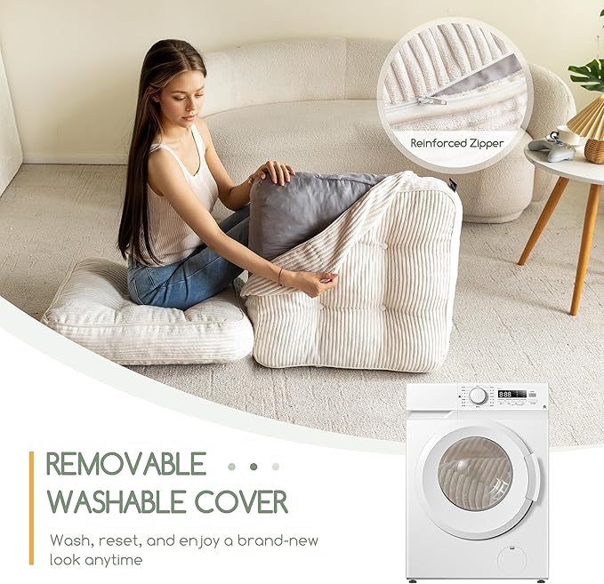 HIGOGOGO Washable Floor Pillow Cushion for Adults, Meditation Cushion Pillow, Large Square Floor Sitting, Removable Tufted Corduroy Cover, for Tatami Living Room or Yoga, 22x22 Inch, Machine Washable
