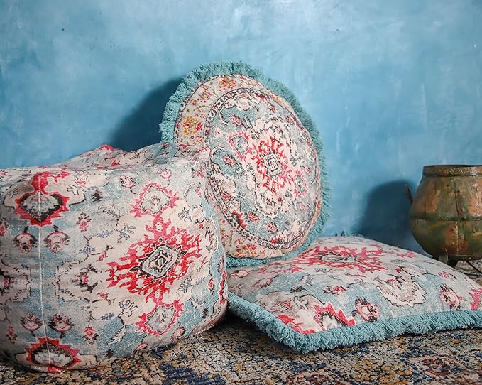 Mandala Life ART Square Meditation Cushion Cover with Fringes - 26 inches - Printed Vintage Blue Cotton Boho Chic Pillow Case