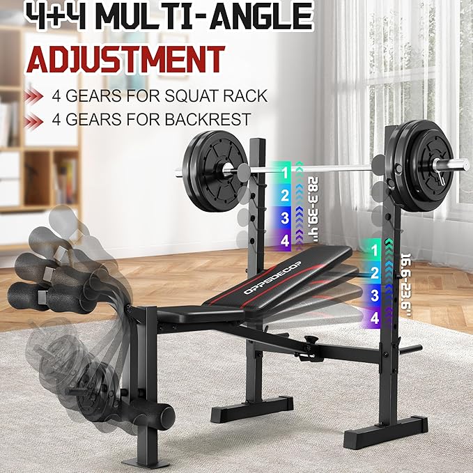 OPPSDECOR Multi-Function Weight Bench Set with Squat Rack Leg Extension & Leg Curl Adjustable Workout Bench for Full Body Fitness Foldable Flat/Incline/Decline Upgrade Bench Press for Home Gym