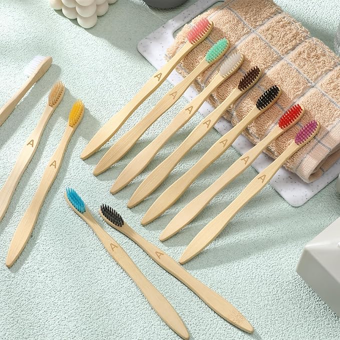 Sieral 60 Pcs 120 Pcs Bamboo Toothbrushes Bulk Soft Bristle Individually Wrapped Travel Toothbrush Eco Friendly Natural Wooden Tooth Brush for Kid Adult Home Travel Use, 7.5 Inch, 12 Colors (Letter)