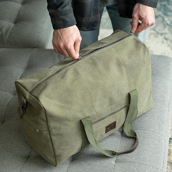 Canvas Duffle Bag – Multipurpose Bag for Travel, Gym, Weekender, Carry On & More – Durable, Spacious, Unisex Overnight Bag for Men & Women – Perfect for Sports, and Everyday Use (Green)