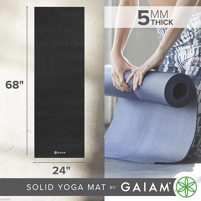 Gaiam Yoga Mat - Premium 5mm Solid Thick Non Slip Exercise & Fitness Mat for All Types of Yoga, Pilates & Floor Workouts (68" x 24" x 5mm)