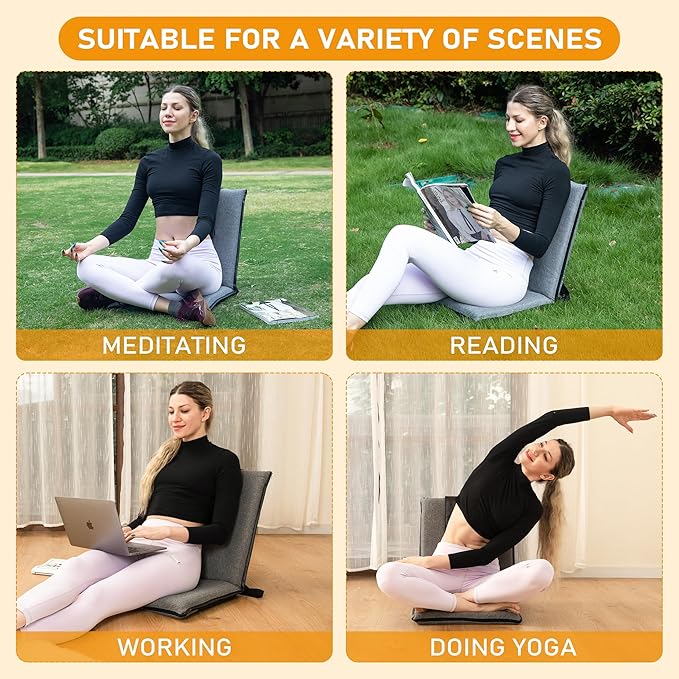Floor Chair with Back Support 14-Position Adjustable Floor Chair Portable Ground Seating for Adults & Kids Foldable Meditation Seat with Japanese KOYO Bearings & Washable Linen Cover (Grey)