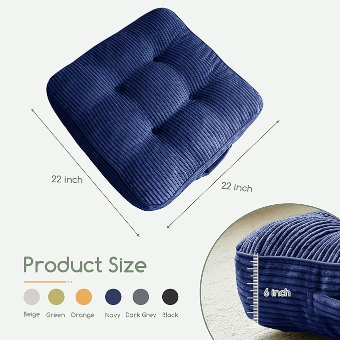 6" Washable Floor Pillow Cushion for Adults, Meditation Cushion Pillow, Large Square Floor Sitting, Removable Tufted Corduroy Cover, for Tatami Living Room or Yoga, 22x22 Inch, 2Pack, Machine Washable