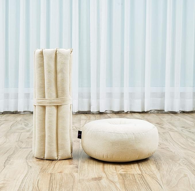 Leewadee Meditation Cushion Set – 1 Small Zafu Yoga Pillow and 1 Small Roll-Up Zabuton Mat Filled with Kapok