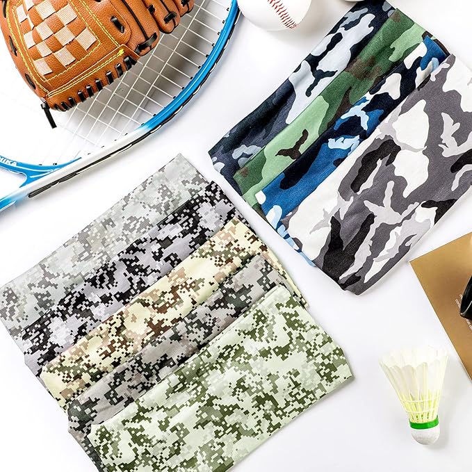 9 pcs Sweatbands for Men Workout Sport Headbands for Men Camo Headband Sweat Absorbing Headband Wide Sweatband for Head Basketball Football Cycling Running Yoga, 4.7 x 9.8 Inch