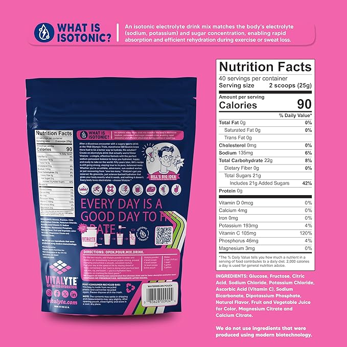 Vitalyte Electrolyte Powder Drink Mix, Isotonic Electrolyte Hydration Mix, Gluten Free Post Workout Powder Mix, Pack of 2, 35 oz. Each, Watermelon Flavor