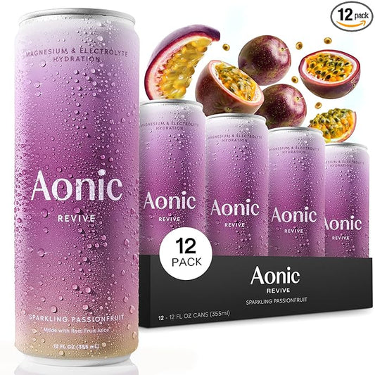 Aonic Revive Sparkling Passionfruit – Electrolyte Hydration with Magnesium + Potassium, Delicious Taste, Real Fruit Juice, 12oz (12 Pack)