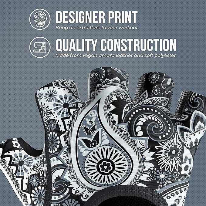 5387 Womens Design Series Paisley Print Lifting & Rowing Gloves (Pair) - Lightweight Vegan Medium Padded Microfiber Amara Leather w/Griplock Silicone