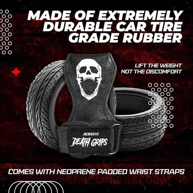 JerkFit Death Grips Premium Lifting Straps - Car Tire Grade Rubber PVC Wrist Straps for Shrugs, Pull Ups & Deadlifts with Neoprene Padded Support
