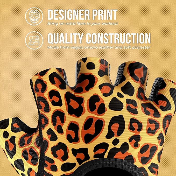 5297 Womens Design Series Leopard Print Lifting & Rowing Gloves (Pair) - Lightweight Vegan Medium Padded Microfiber Amara Leather w/Griplock Silicone