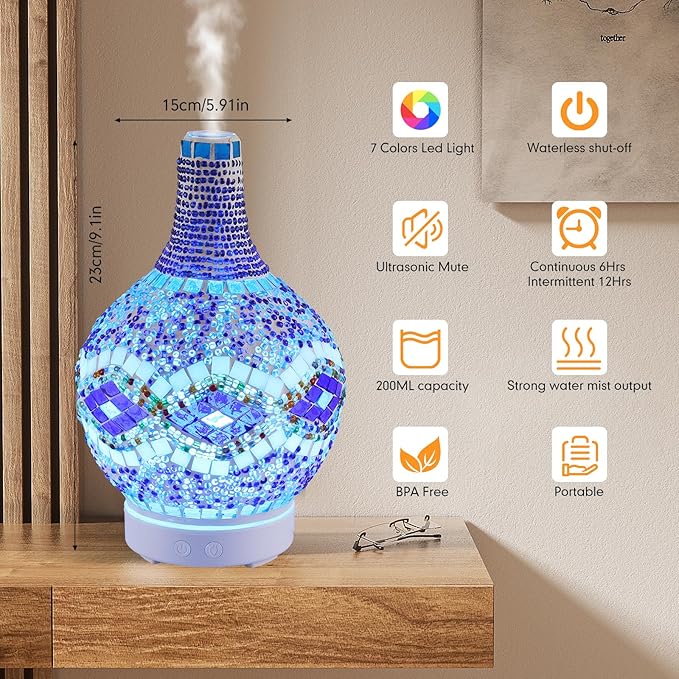 Tiffany Essential Oil Diffuser,Mosaic Glass Aromatherapy Diffuser Cold Air Ultrasonic Diffuser Turkish Moroccan Essential Oils for Diffusers for Home Office SPA