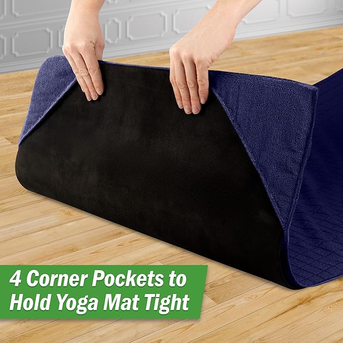 Wakeman Yoga Mat Towel and Gym Towel Set - 2-Piece Non Slip Set for Hot Yoga, Pilates, and Gym - 72” x 24” Sweat Absorbent and Quick Drying Blanket with Corner Pockets for Mats (Navy)