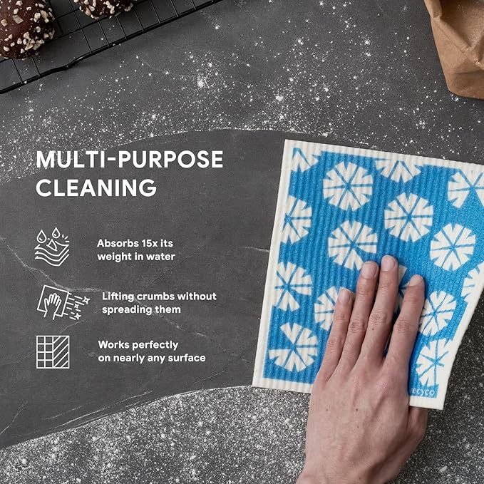 RECYCO Swedish Dishcloths for Kitchen | 6 Pack Wave Washable Dish Rags | Cellulose Reusable Cleaning Paper Towels | Absorbent Counter Dish Cloth Sponge Kitchen Wipes, 8" L x 7" W