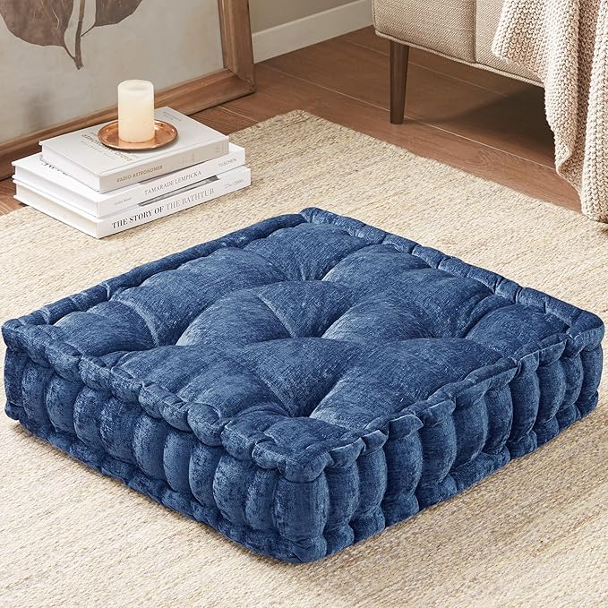 Intelligent Design Azza Floor Pillow, Large Cushions Sitting for Adults, Floor Pillow for Meditation or Yoga, Lustrous Chenille Tufted with Scalloped Edges for Bench/Chair Cushion, 20"x20"x5" Navy