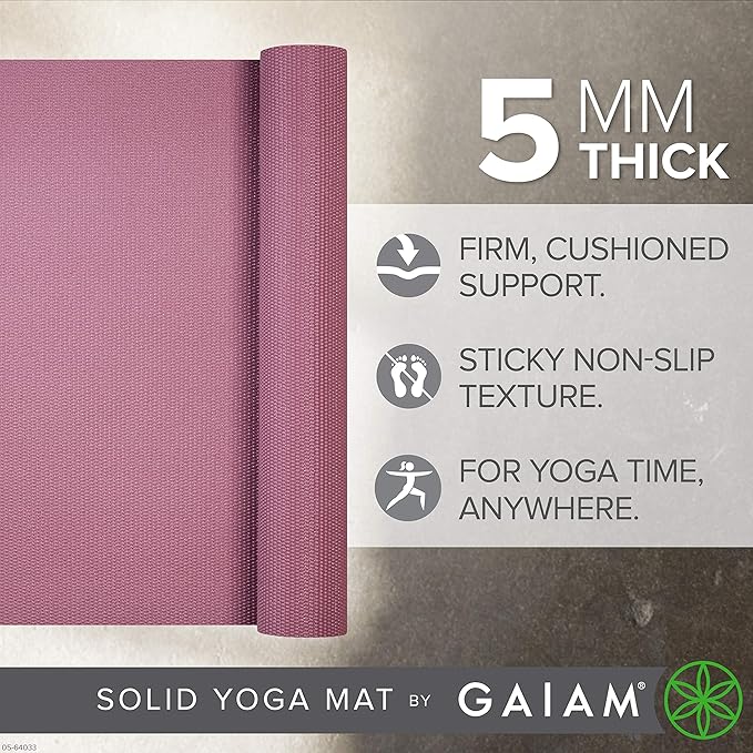 Gaiam Yoga Mat - Premium 5mm Solid Thick Non Slip Exercise & Fitness Mat for All Types of Yoga, Pilates & Floor Workouts (68" x 24" x 5mm)