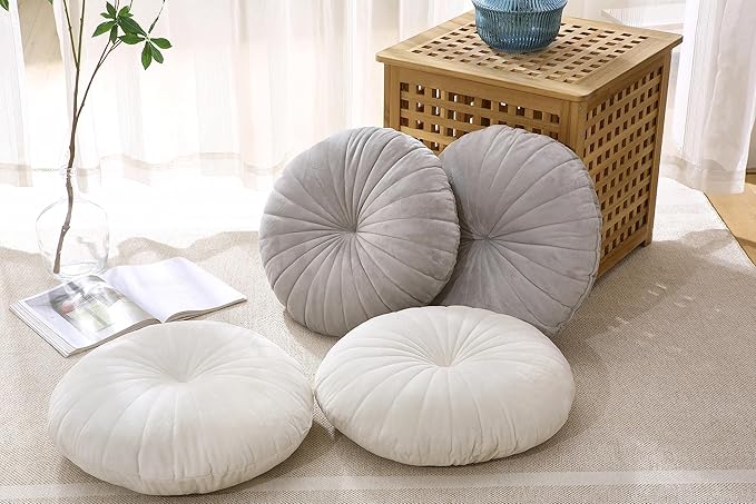 Floor Pillow Meditation Cushion Round Large Floor Pillows Seating for Adults, Velvet Thick Floor Cushions for Yoga Living Room Balcony Outdoor Tatami 18inch(Grey)