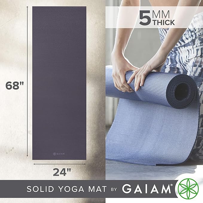 Gaiam Yoga Mat - Premium 5mm Solid Thick Non Slip Exercise & Fitness Mat for All Types of Yoga, Pilates & Floor Workouts (68" x 24" x 5mm)