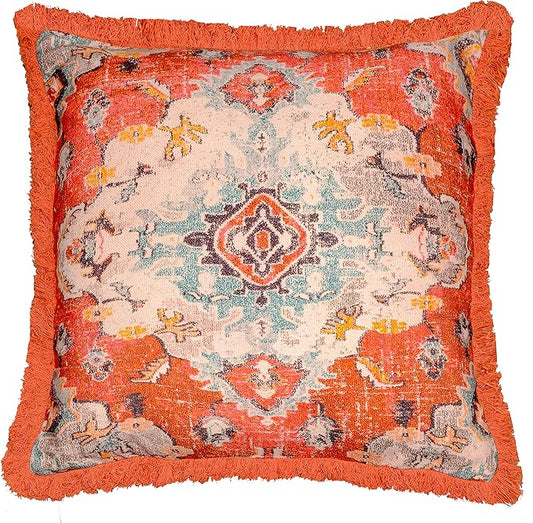 Mandala Life ART Square Meditation Cushion Cover with Fringes - 26 inches - Printed Orange Cotton Boho Chic Pillow Case