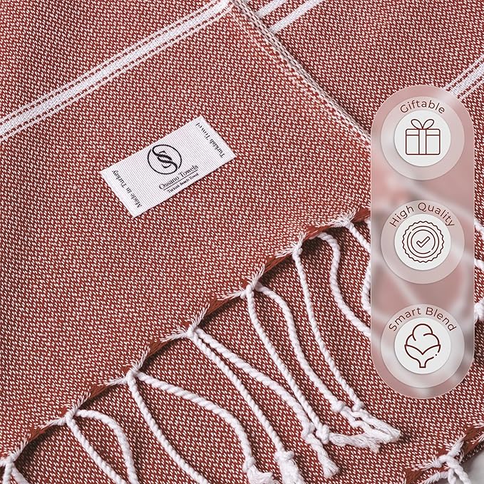 Turkish Beach Towel Striped & Soft Extra Large (39" x 71") - Quick Dry, Versatile and Functional as Yoga Mat, Gym, Outdoor and Shower Towel, Travel and Picnic Blanket - Red