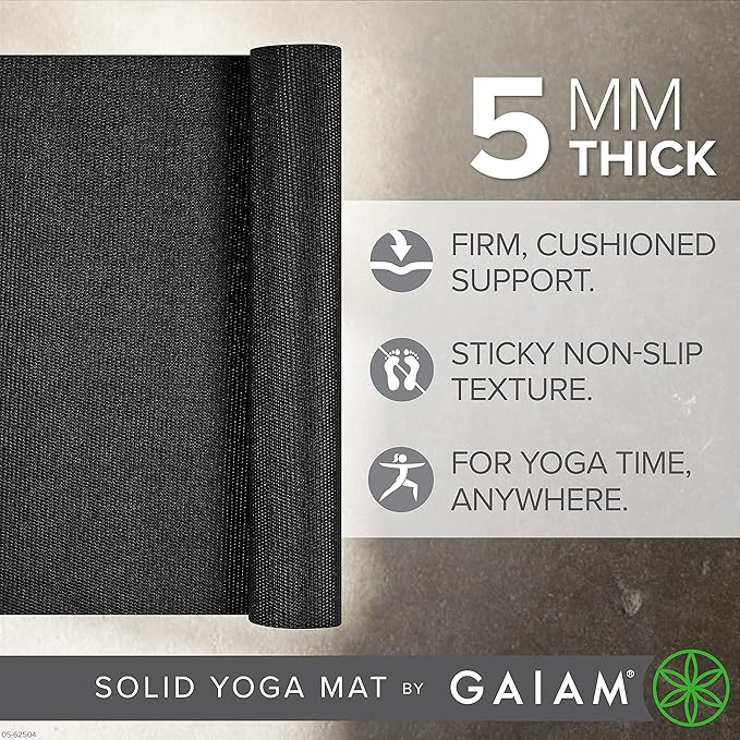 Gaiam Yoga Mat - Premium 5mm Solid Thick Non Slip Exercise & Fitness Mat for All Types of Yoga, Pilates & Floor Workouts (68" x 24" x 5mm)
