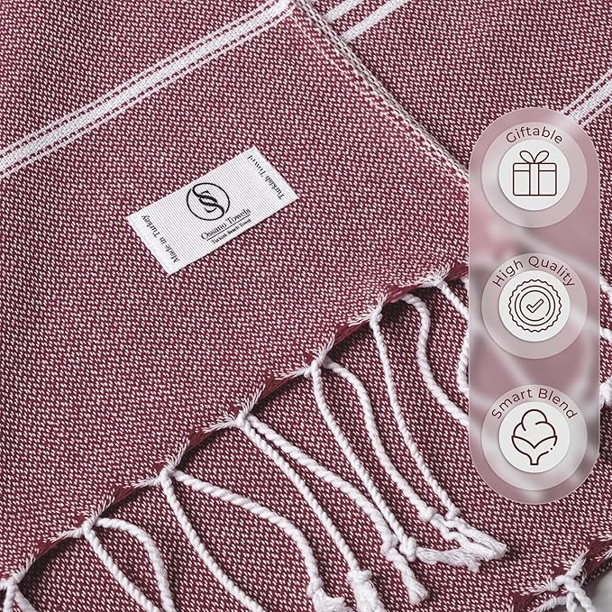 Turkish Beach Towel Lightweight & Striped Extra Large (39" x 71") - Quick Dry, Versatile and Functional as Bath, Yoga Mat, Gym Towel, Travel Blanket, Picnic Blanket - Burgundy