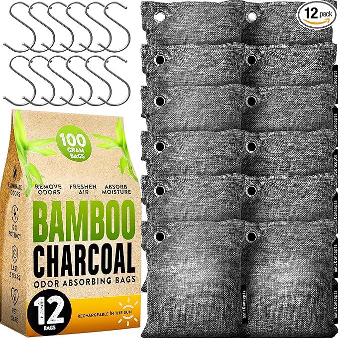 Charcoal Odor Absorber for Strong Odor (Large, 12 Pack, 100g each), Perfect for Smelly Shoes, Bamboo Charcoal Air Purifying Bag, Activated Charcoal Odor Absorber for Closet, Shoe, Car, Odor Deodorizer