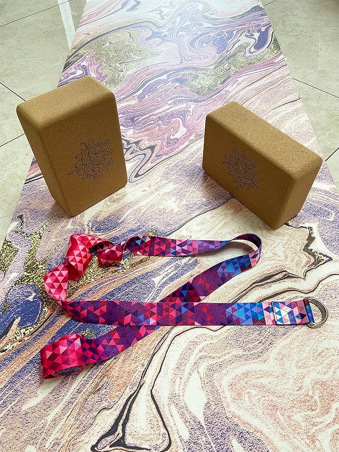 Aozora Cork Yoga Block Sustainable & Eco Friendly 2 Pack and Yoga Strap Set Made of The Finest Natural Cork for Better Support, Balance & Comfort