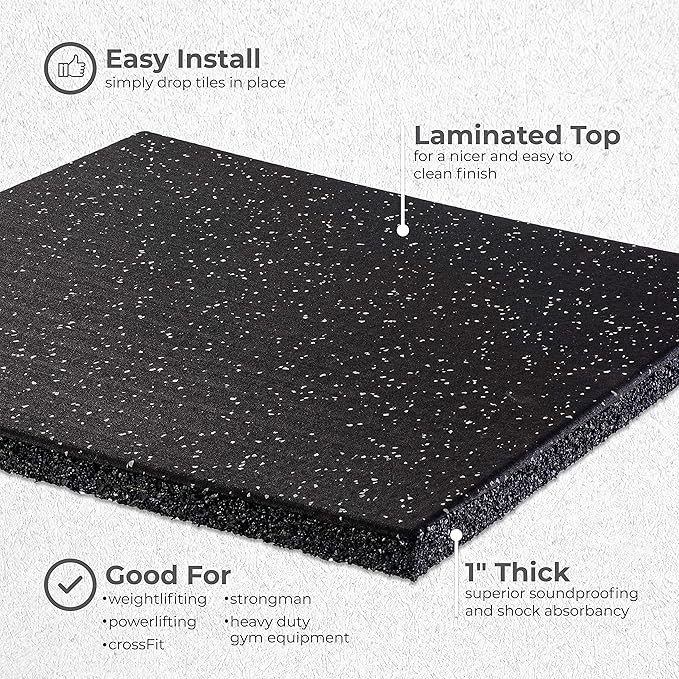 Genaflex Pro Heavy Duty Thick Rubber Gym Floor Tiles High Density Shock Absorbent Laminated Deadlift Mats - 1" Thick X 20" W X 20" L - 2.7 Sq. Ft.