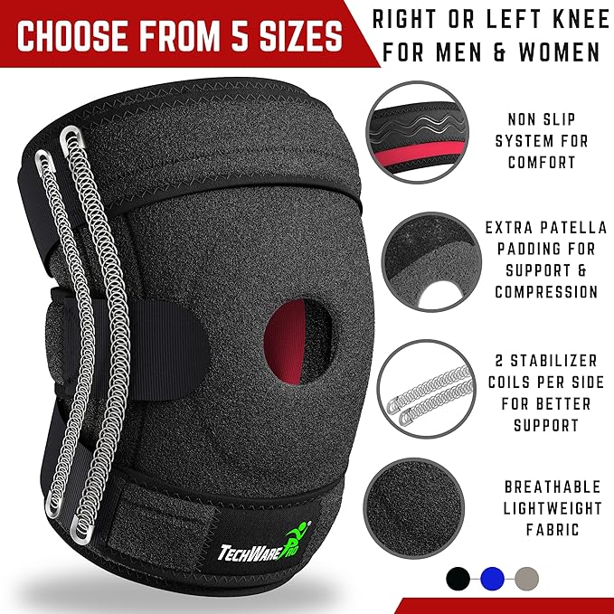 TechWare Pro Knee Brace Support - Knee Braces for Knee Pain. Relieves ACL, LCL, MCL, Meniscus Tear, Arthritis, Tendonitis Pain. Dual Stabilizers Non Slip Neoprene. Adjustable Bi-Directional Straps -5 Sizes