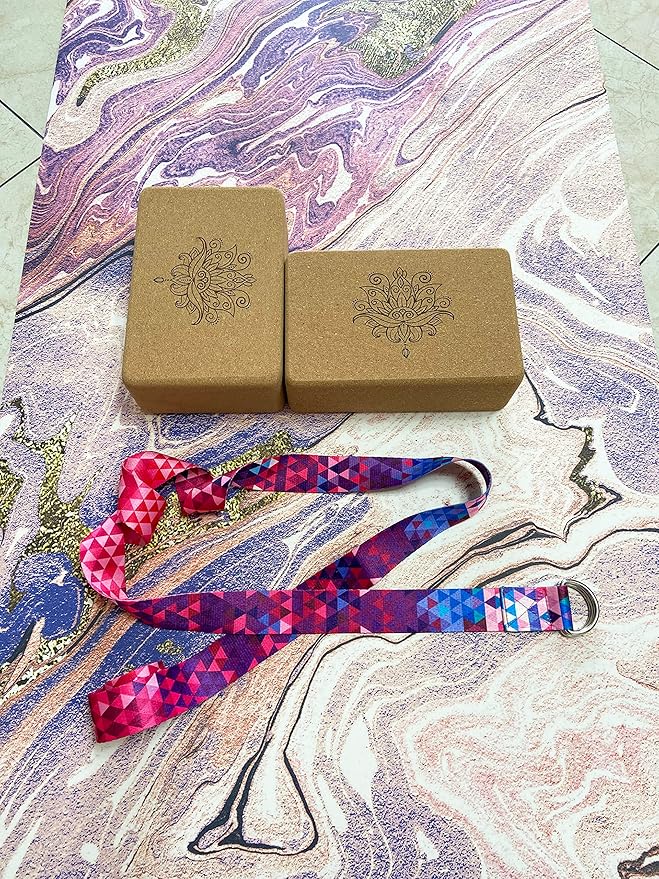 Aozora Cork Yoga Block Sustainable & Eco Friendly 2 Pack and Yoga Strap Set Made of The Finest Natural Cork for Better Support, Balance & Comfort