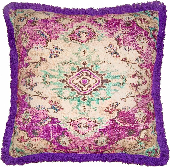 Mandala Life ART Square Meditation Cushion Cover with Fringes - 26 inches - Vintage Printed Purple Cotton Boho Chic Pillow Case