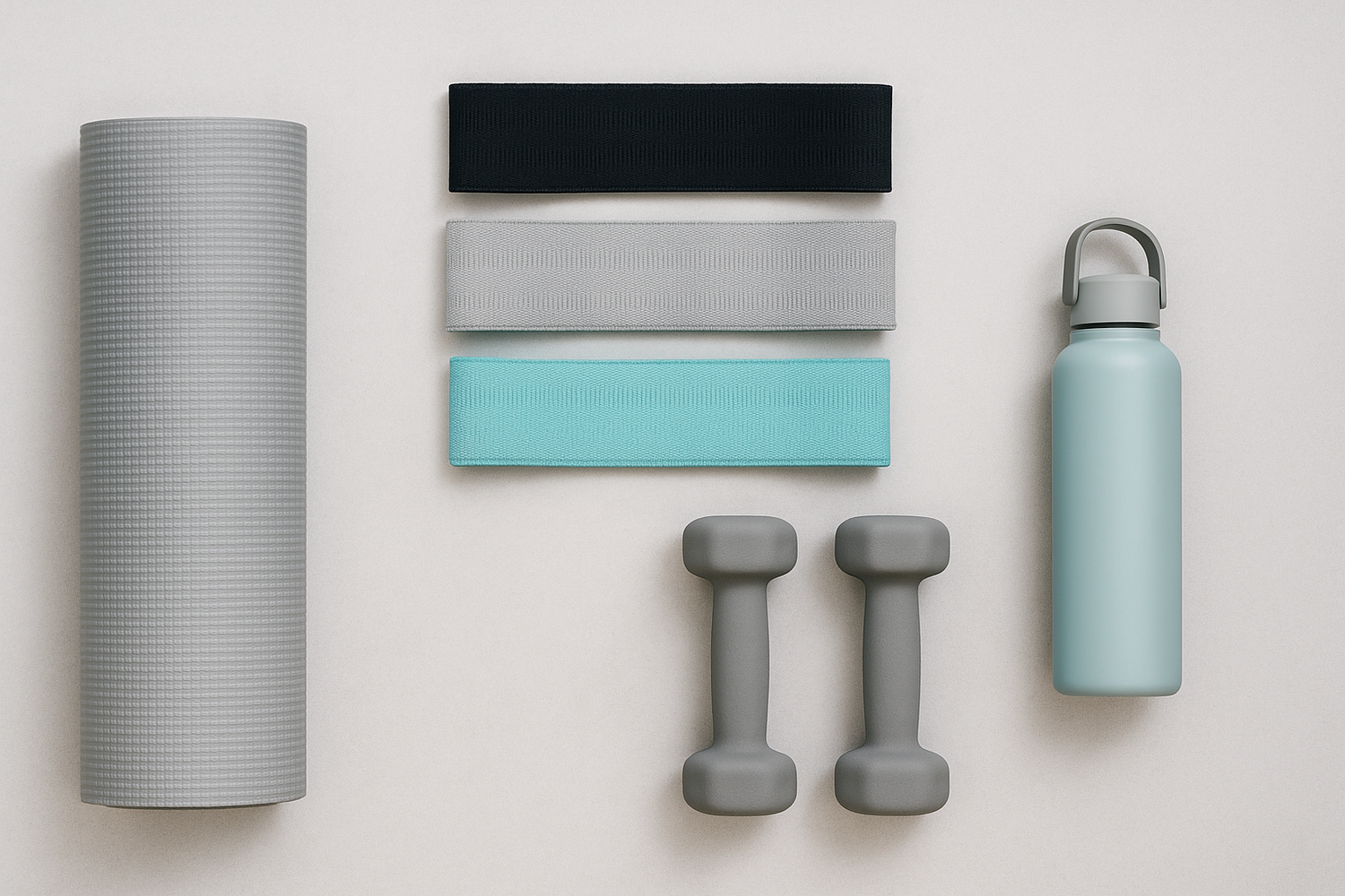 PrimeVita minimalist flat lay of yoga mat, dumbbells, resistance bands, and water bottle on neutral light background for lifestyle section