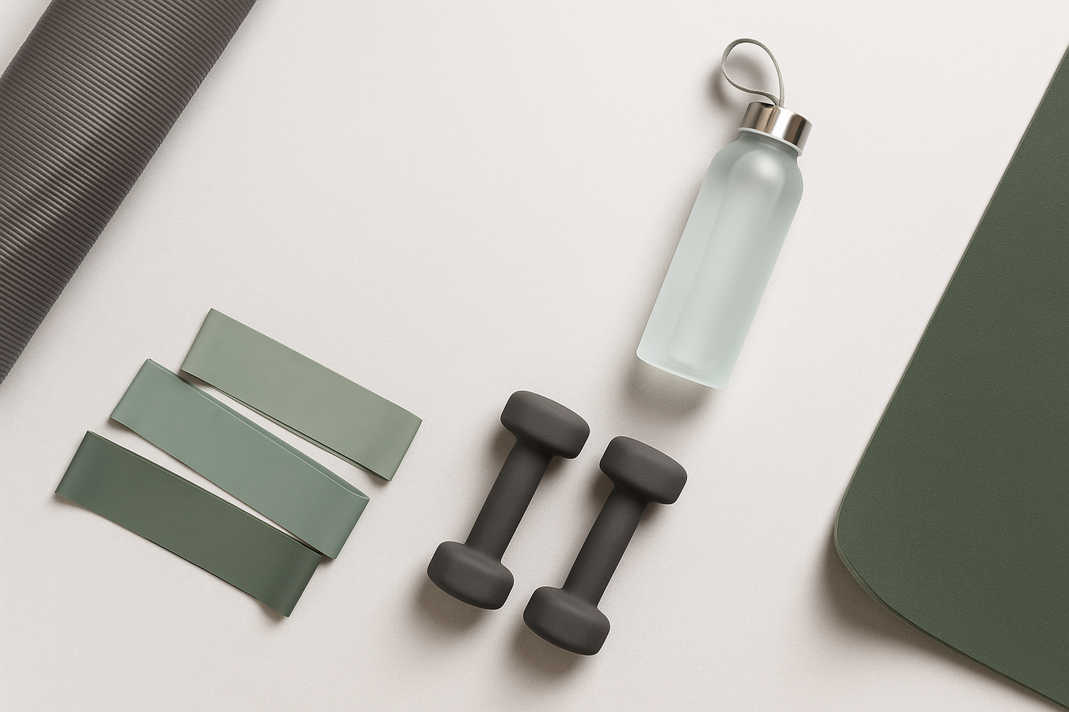 PrimeVita flat lay of yoga mat, resistance bands, dumbbells, and water bottle on light neutral background for lifestyle fitness collection section