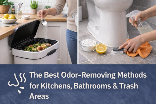 A wide thumbnail showing odor-removal methods for kitchens, bathrooms, and trash areas, featuring trash bin deodorizing and bathroom cleaning scenes.